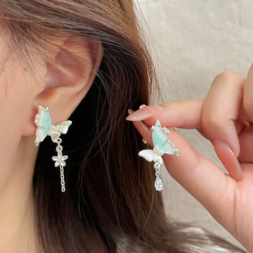 DAIIIBABYYY  -  Girls Sweet Summer Green Color Stud Earrings Set Butterfly Rhinestone Pearl Tassel Drop Earring Women Party Jewelry